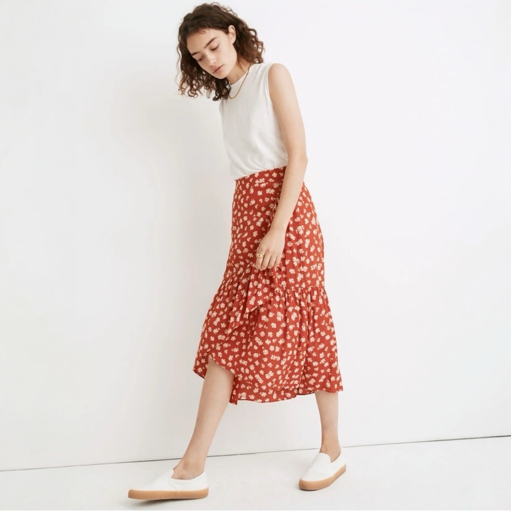 Madewell Rust Midi Skirt Size 12 Ruffle Hem Floral Print Fall Thanksgiving